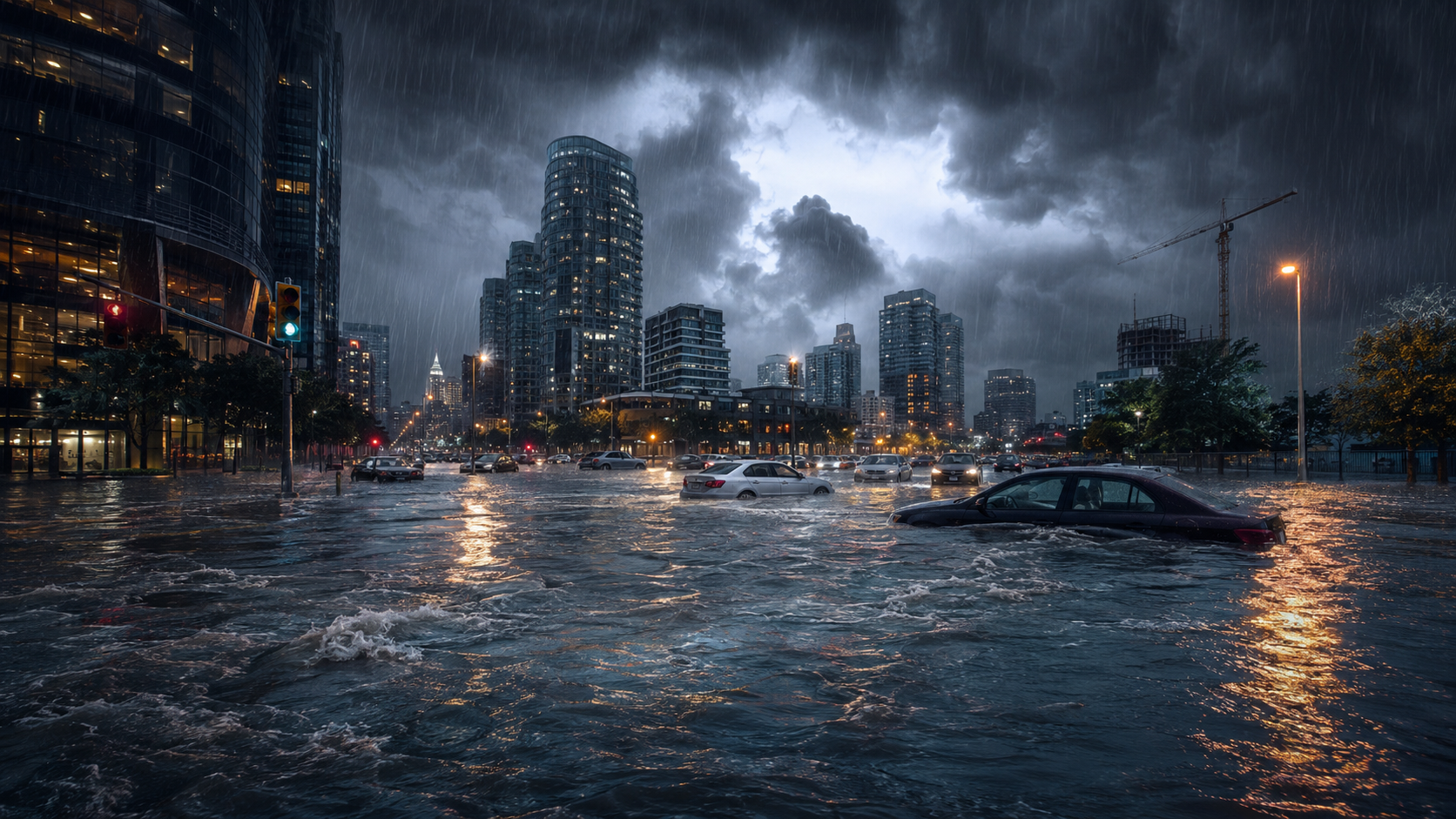 Flooded city street during heavy storm conditions